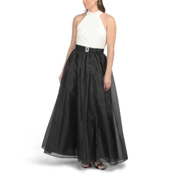 KARL LAGERFELD Black/white Organza Color Block Belted Halter Gown